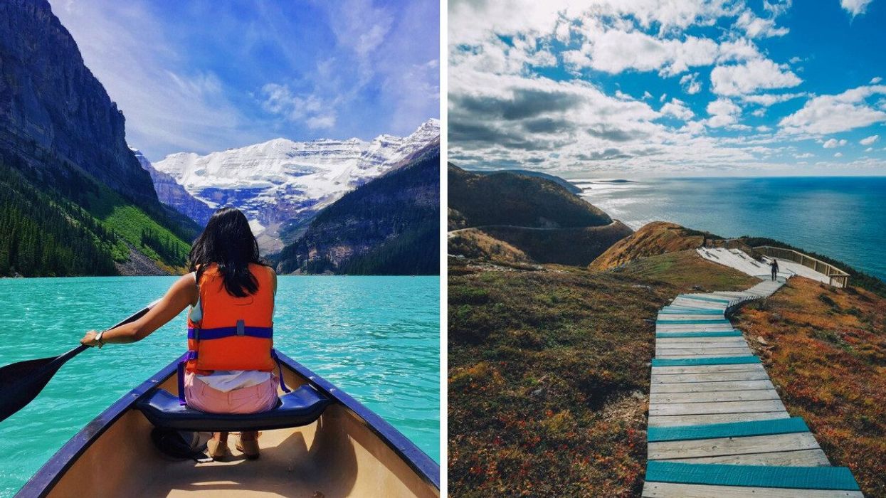 ​A person paddles a boat at Banff National Park. Right: Cape Breton Highlands National Park. 