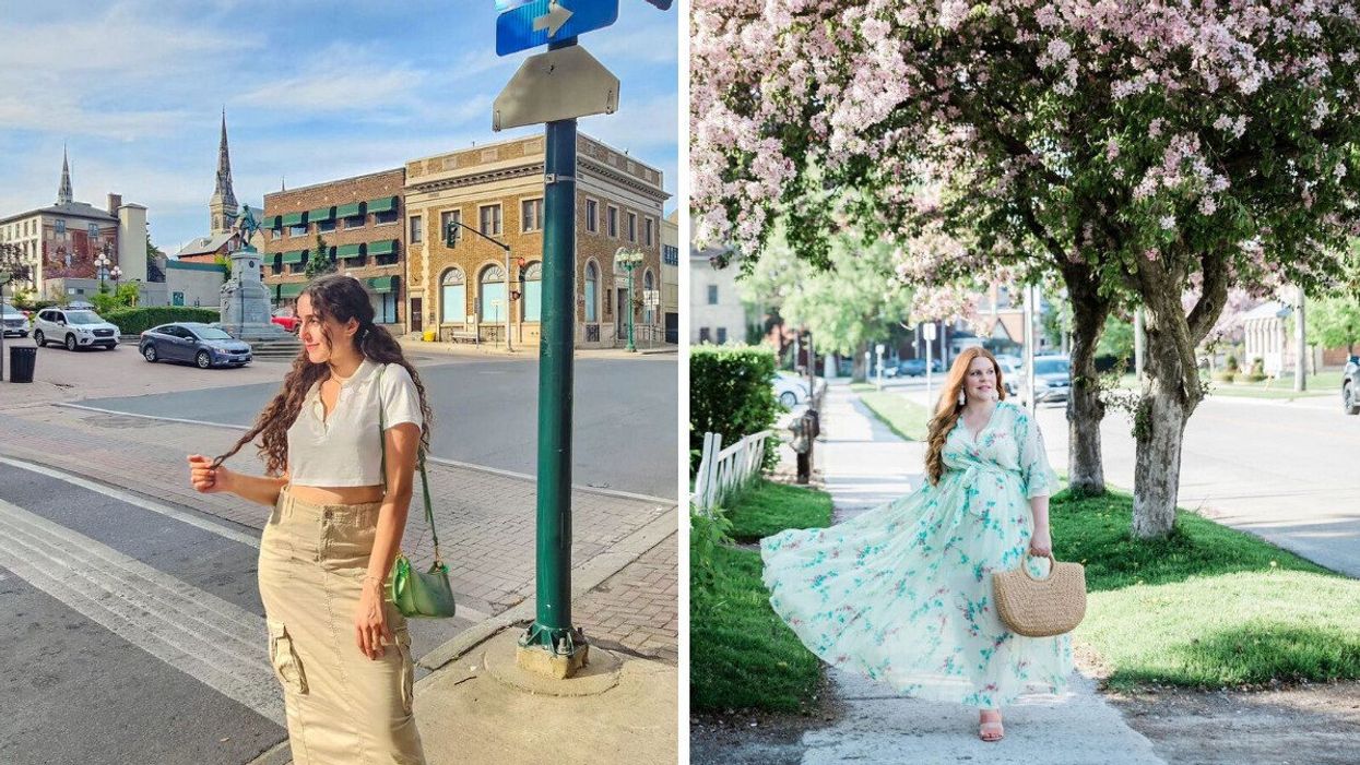 A person standing in a historic downtown. Right: A person walking down the street in a dress.