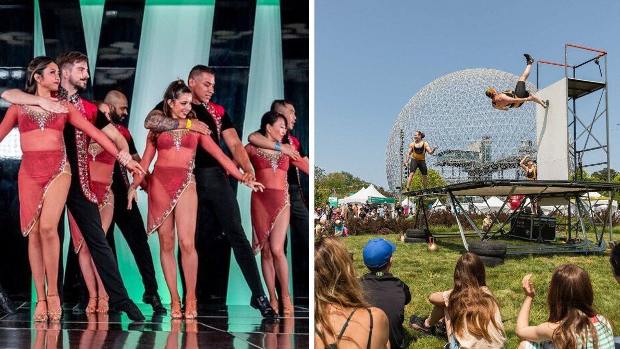 Dancers on stage at Montreal Salsa Convention. Right: People perform tricks in front of the Montreal Biosphere.