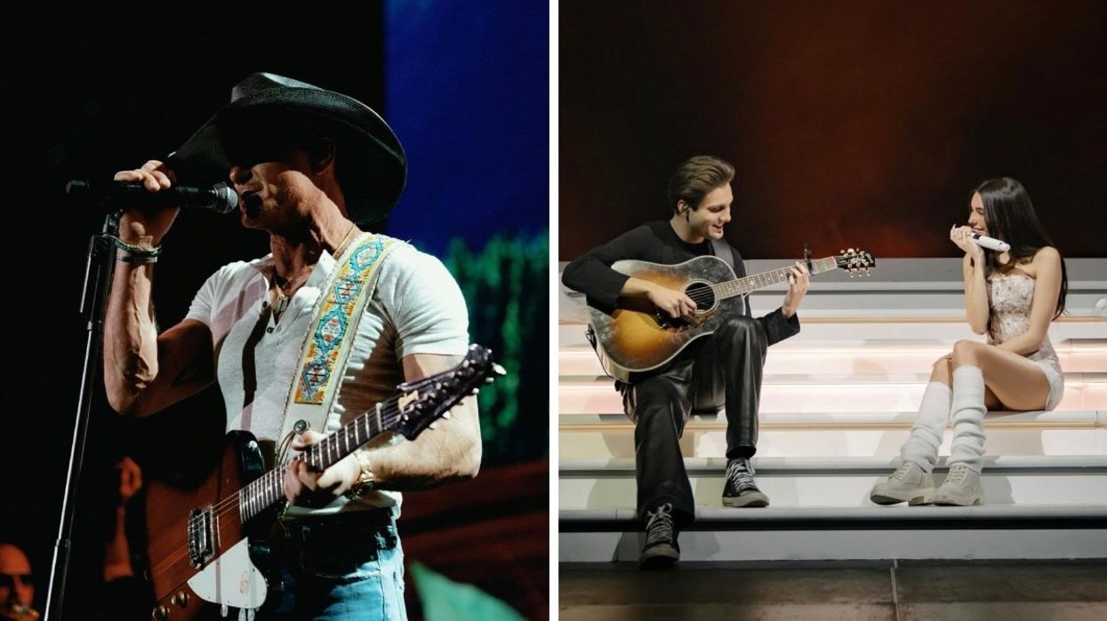 Tim McGraw performing on stage while holding a guitar and wearing a cowboy hat. Right: Madison Beer performing on stage while sitting on a staircase wearing an all-white outfit. 